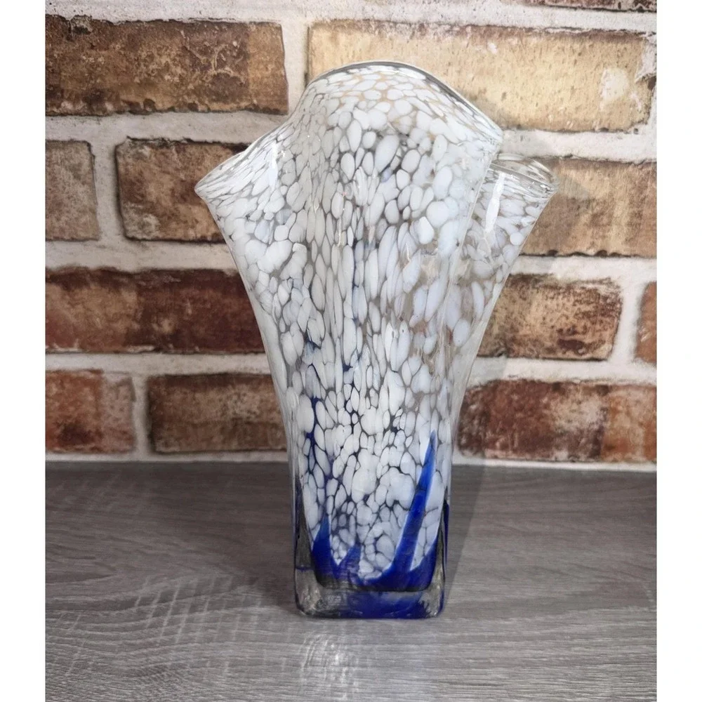 VTG Hand Blown Glass Vase, Blue & White Ruffled Handkerchief Vase